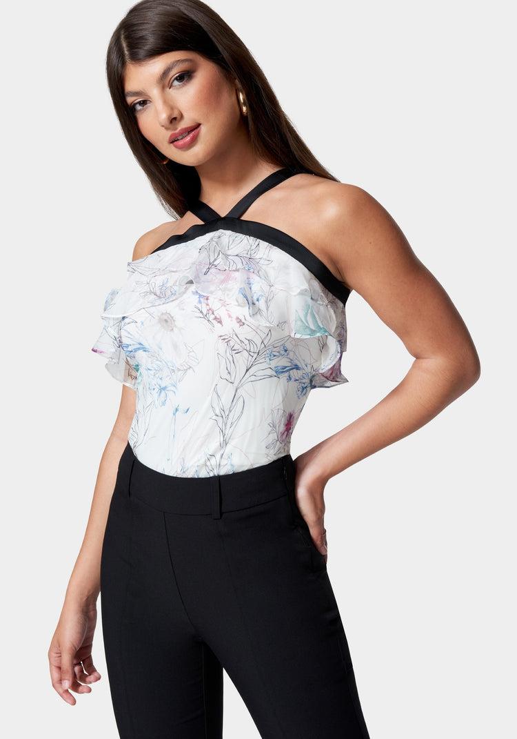 Bebe Contrast Halter Printed Ruffle Woven Top