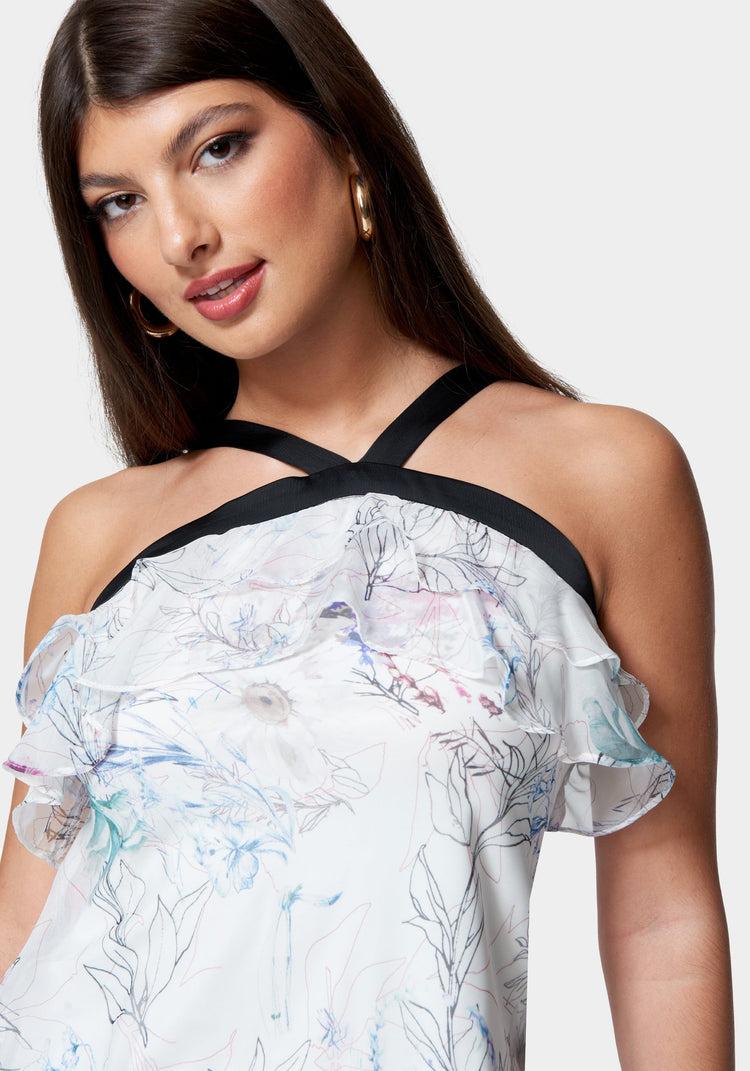 Bebe Contrast Halter Printed Ruffle Woven Top