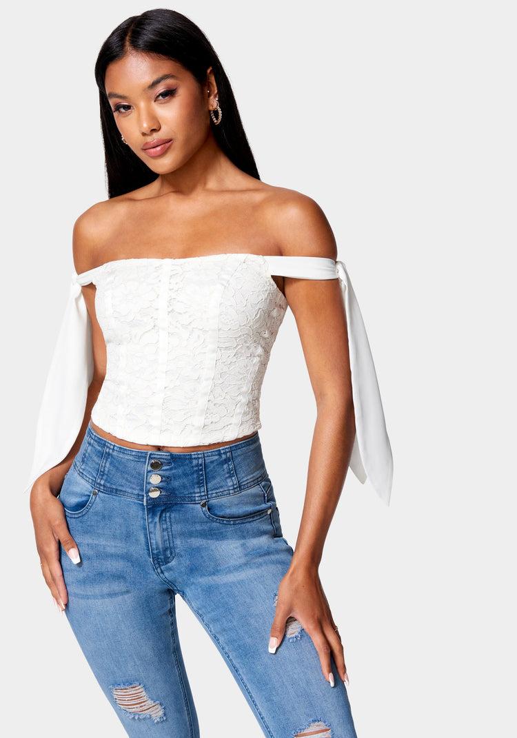 bebe Corded Lace Bustier With Chiffon Tie