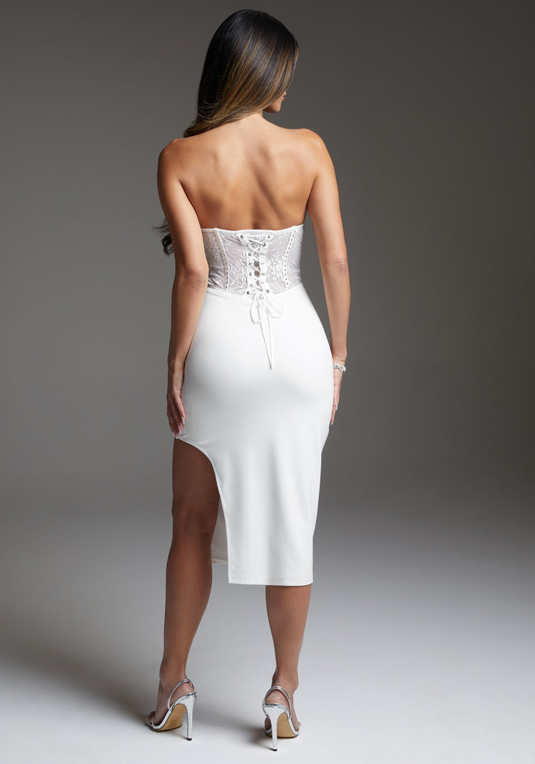 Bebe Bebe Corset Midi Dress Embellished With Crystals By Swarovski