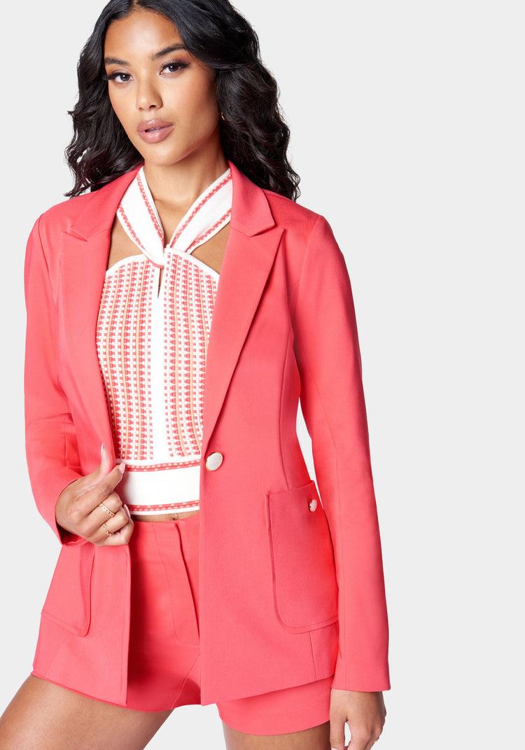 bebe Cotton Sateen Patch Pockets Detail Blazer