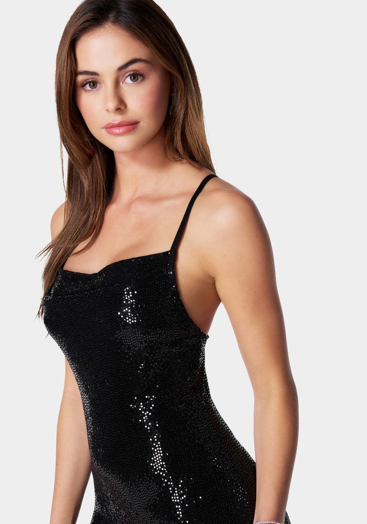 Bebe Cowl Neck Shimmer Maxi Dress