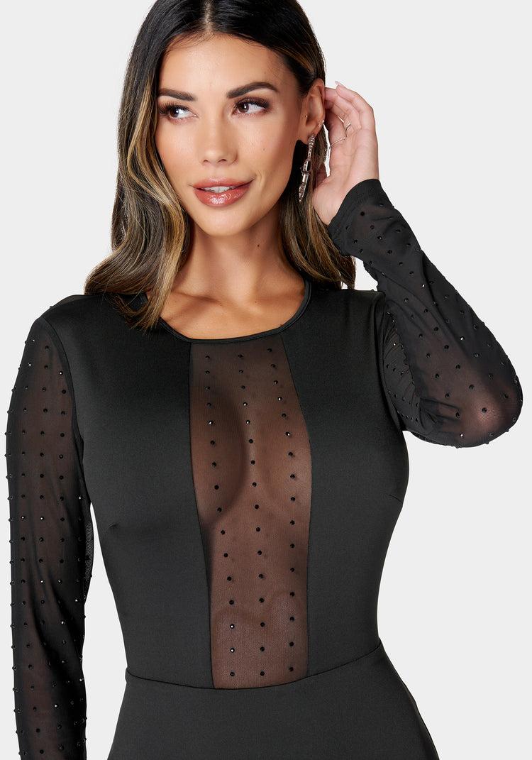 Bebe Crystal Mesh Inset Midi Dress