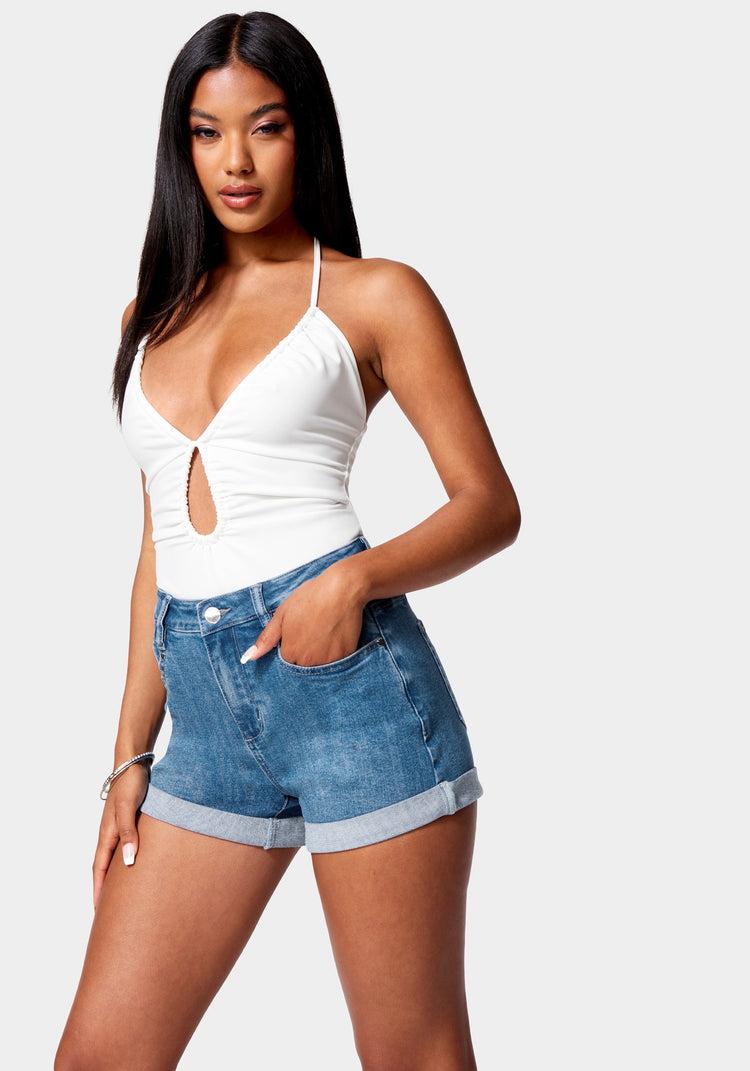 Bebe Cuffed Hem Side Elastic Denim Short