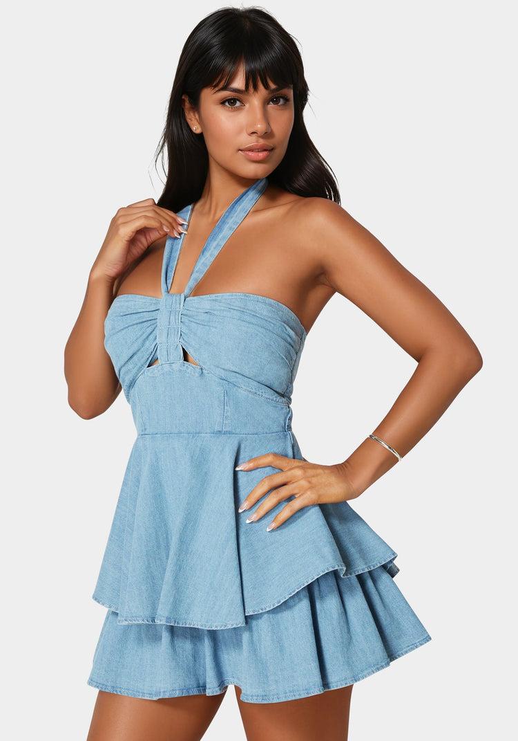Bebe Cut Out Flared Denim Romper