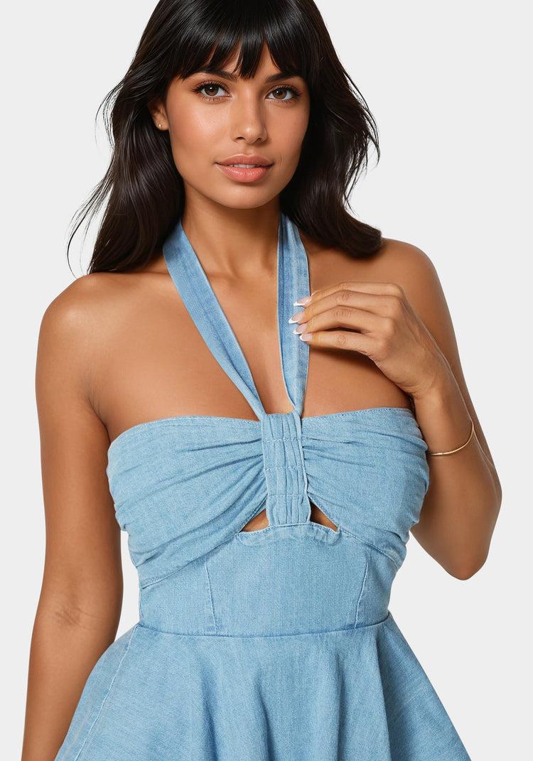 Bebe Cut Out Flared Denim Romper