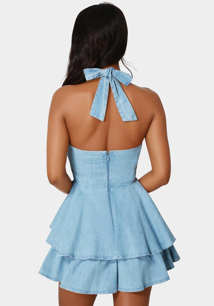 Bebe Cut Out Flared Denim Romper