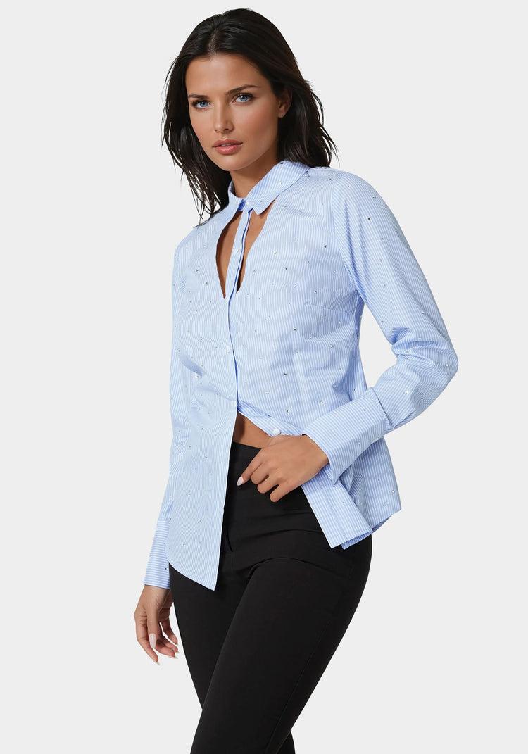 Bebe Cut Out Rhinestone Poplin Blouse
