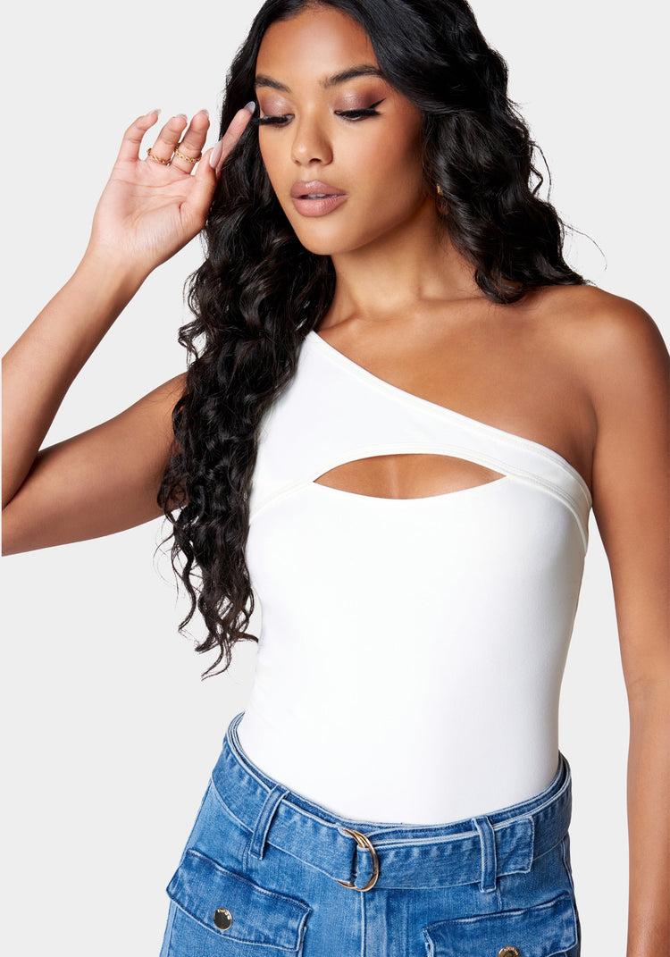 bebe Cutout Asymmetric One Shoulder Bodysuit
