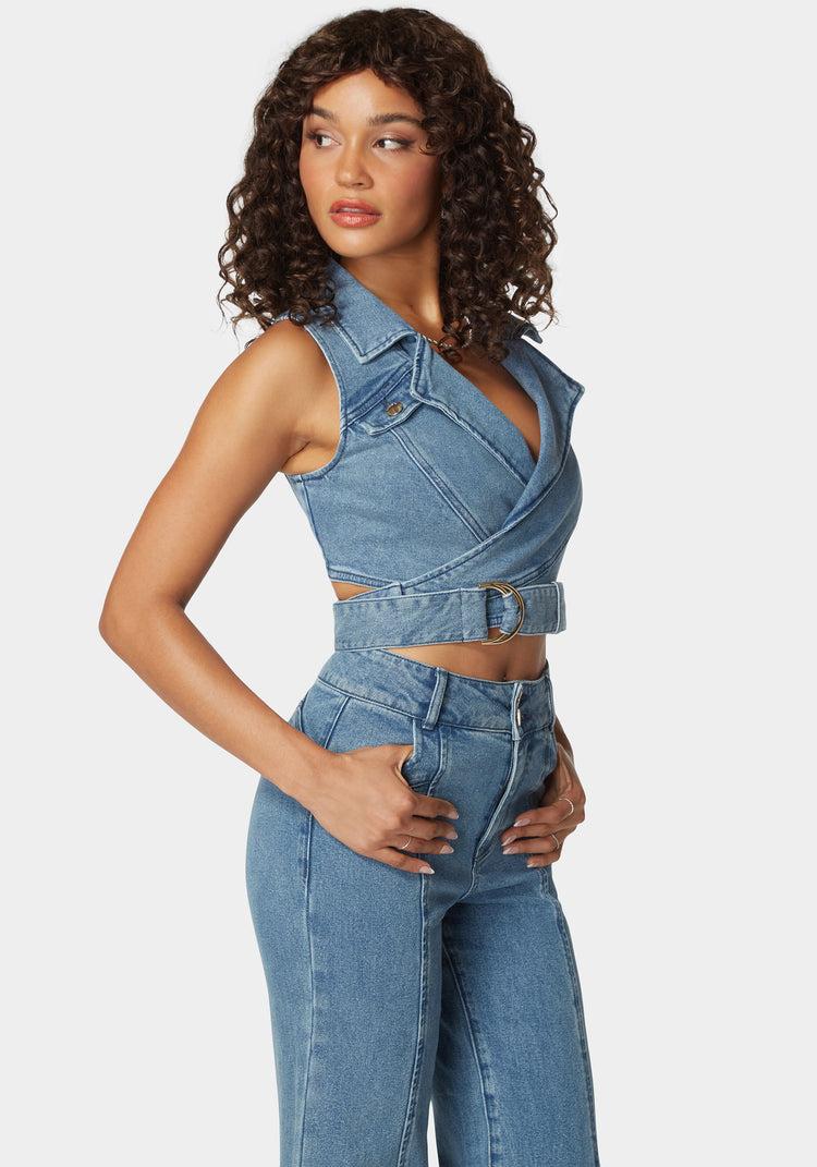 Bebe D Ring Belt Denim Wrap Top