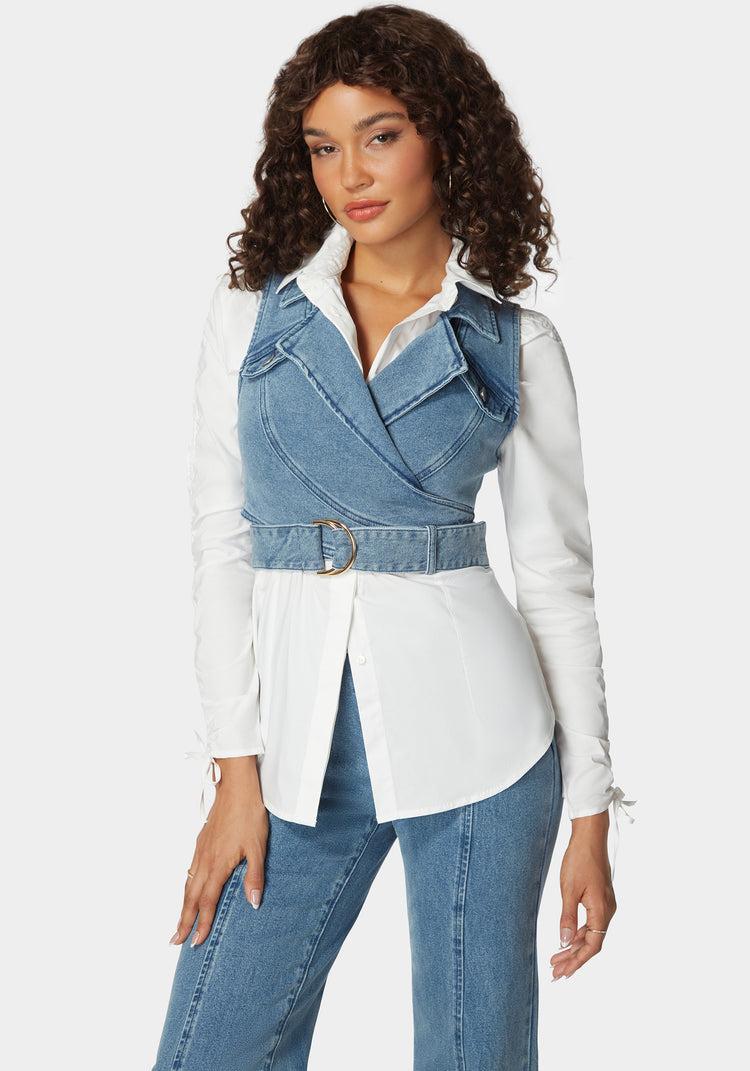 Bebe D Ring Belt Denim Wrap Top