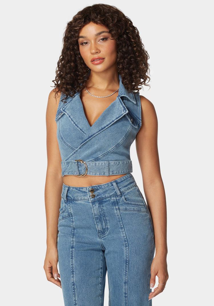 bebe D Ring Belt Denim Wrap Top