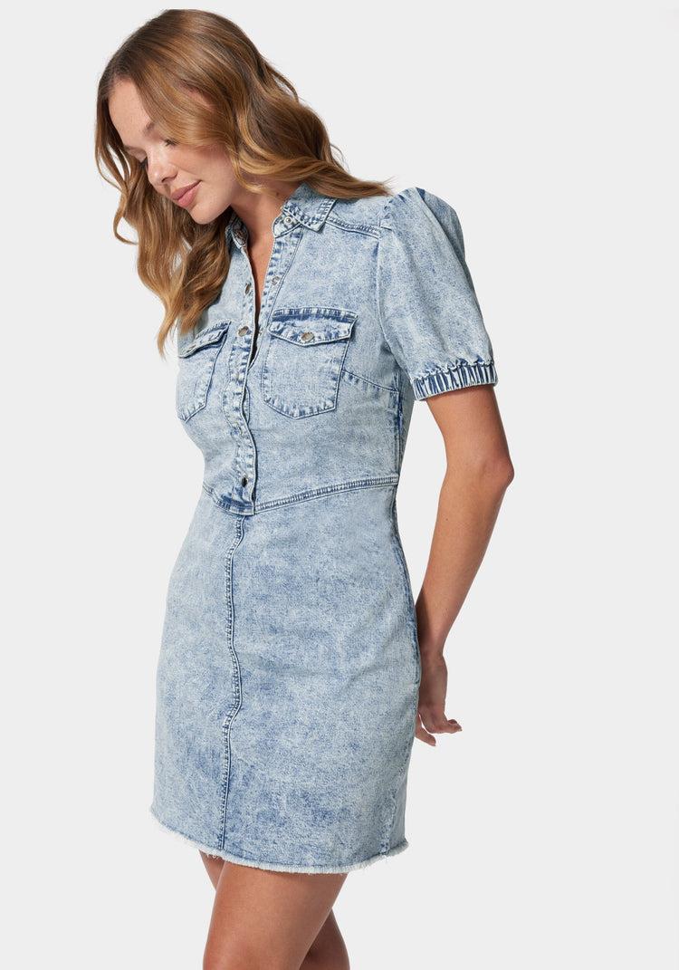Bebe Denim Button Down Puff Sleeve Dress
