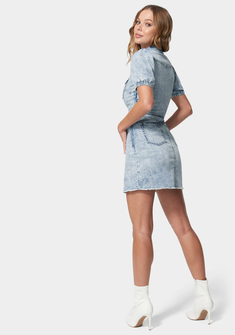 Bebe Denim Button Down Puff Sleeve Dress