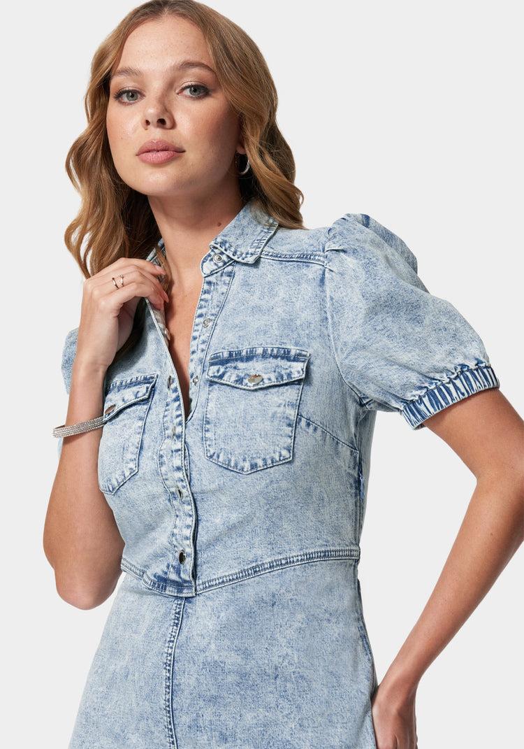 Bebe Denim Button Down Puff Sleeve Dress