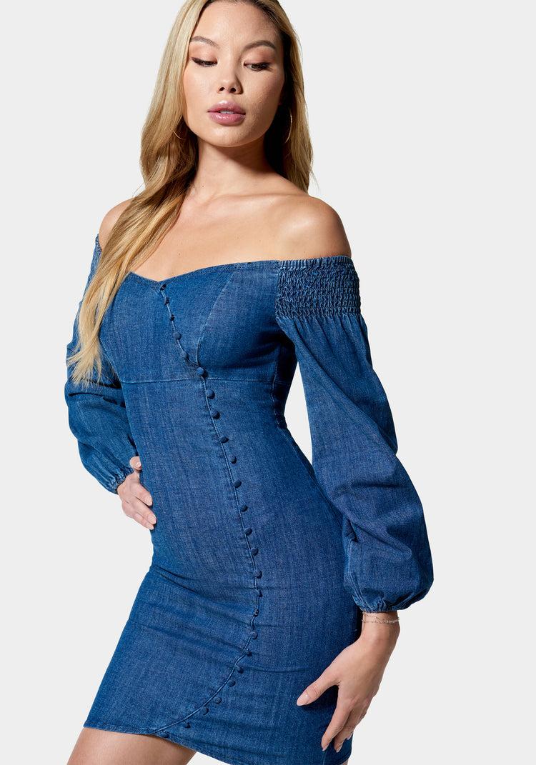 Bebe Denim Cold Shoulder Button Detail Dress