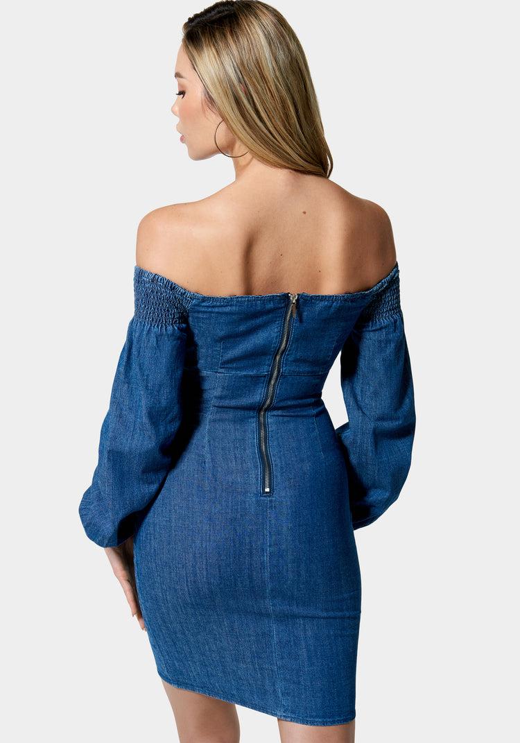 Bebe Denim Cold Shoulder Button Detail Dress