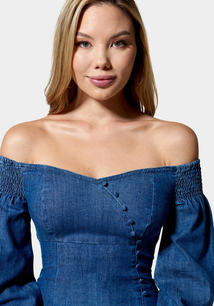 Bebe Denim Cold Shoulder Button Detail Dress