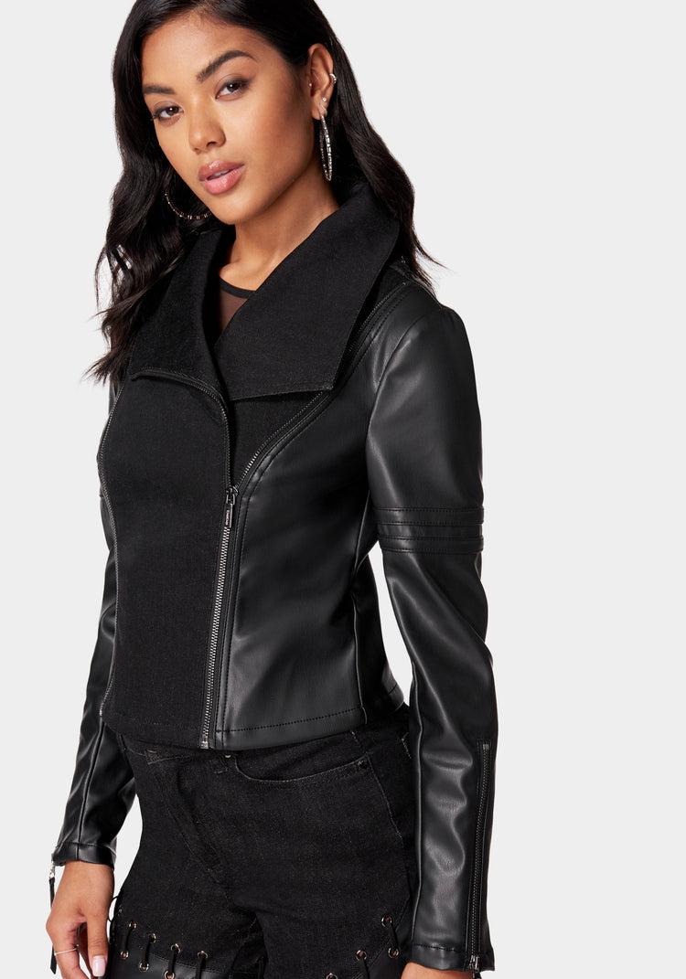 Bebe Denim Combo Vegan Leather Motto Blazer