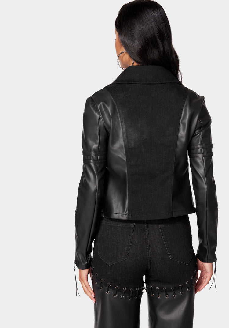 Bebe Denim Combo Vegan Leather Motto Blazer