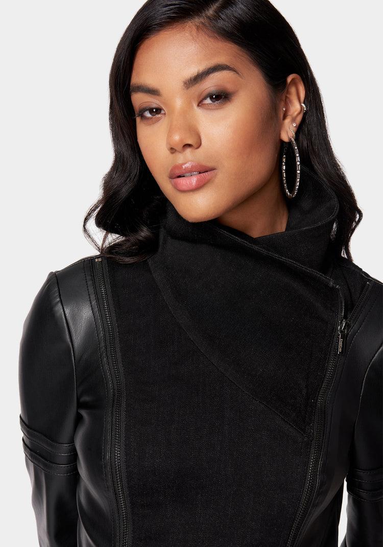 Bebe Denim Combo Vegan Leather Motto Blazer