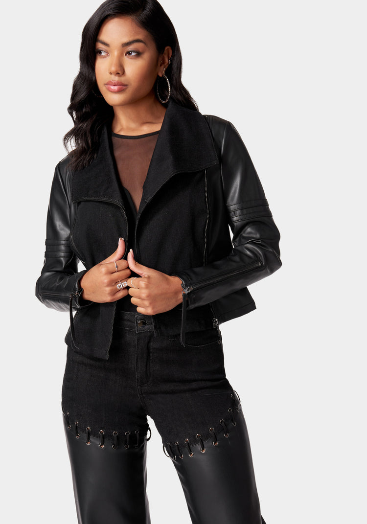 bebe Denim Combo Vegan Leather Motto Blazer