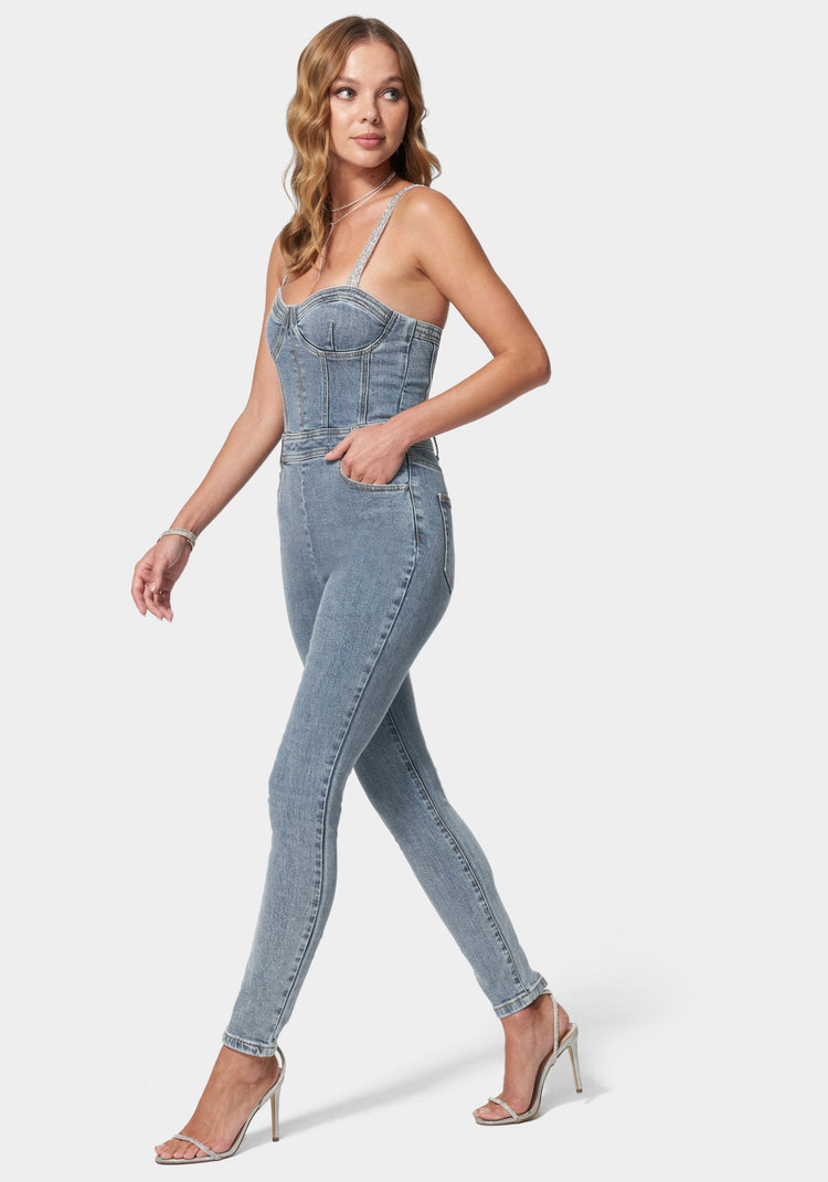 Bebe Denim Corset Top Skinny Leg Jumpsuit