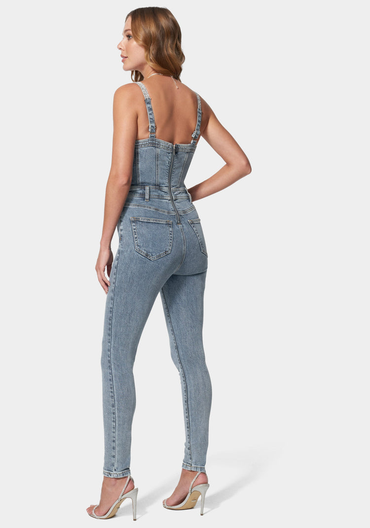 Bebe Denim Corset Top Skinny Leg Jumpsuit