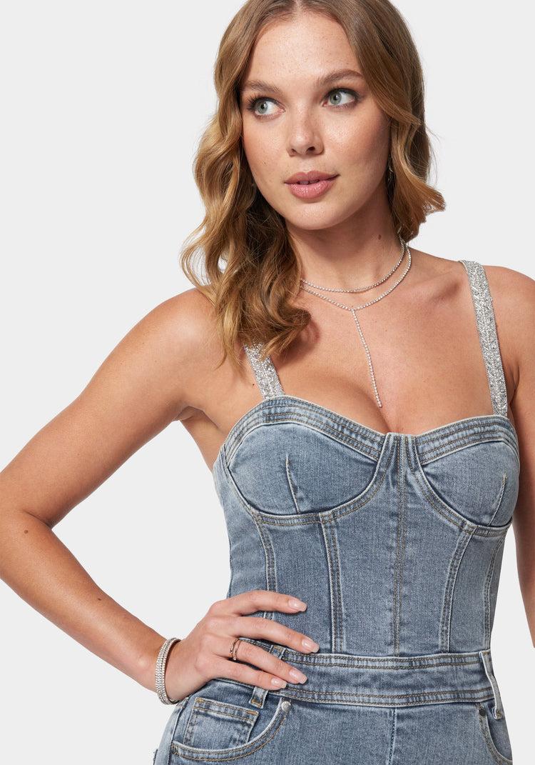 Bebe Denim Corset Top Skinny Leg Jumpsuit