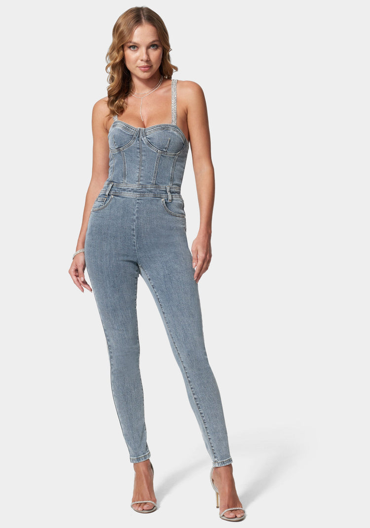 bebe Denim Corset Top Skinny Leg Jumpsuit