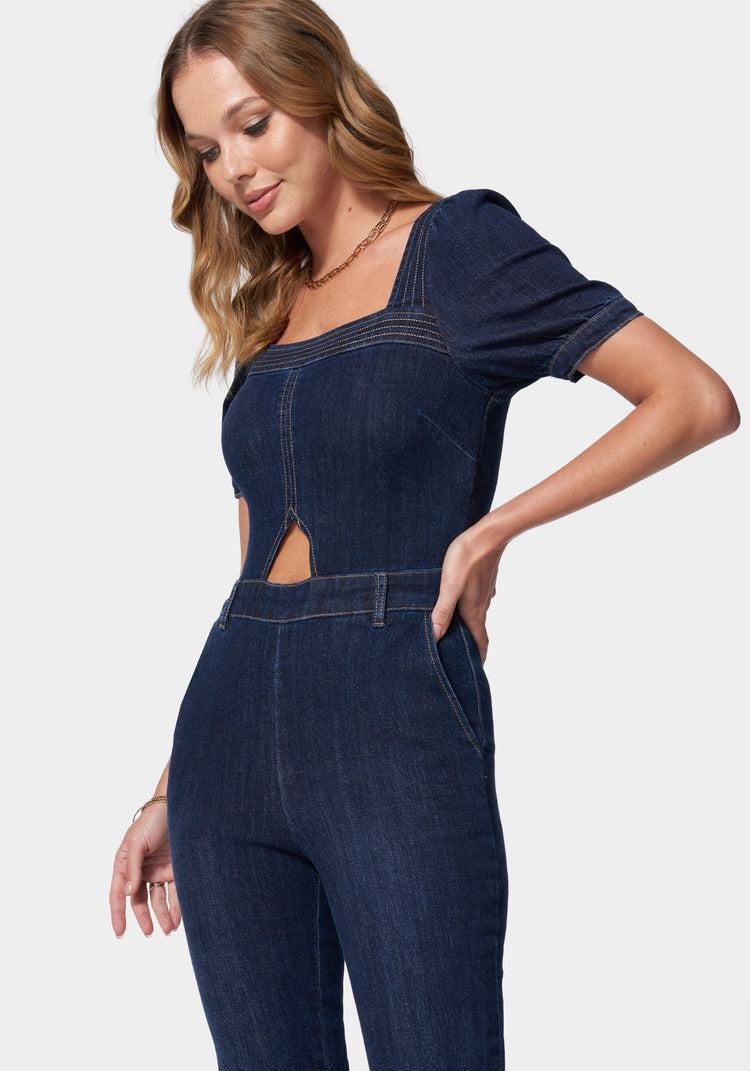 Bebe Denim Cut Out Detail Wide Leg Jumpsuit