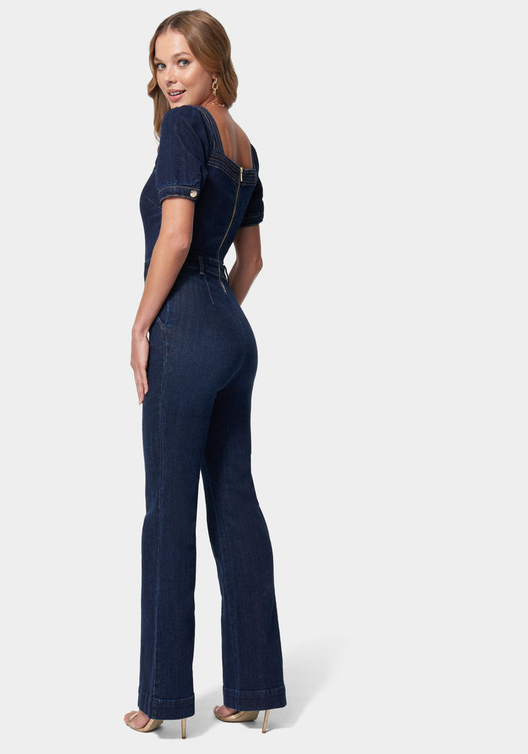 Bebe Denim Cut Out Detail Wide Leg Jumpsuit