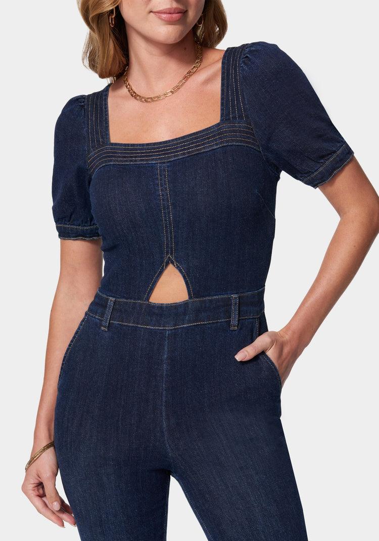 Bebe Denim Cut Out Detail Wide Leg Jumpsuit