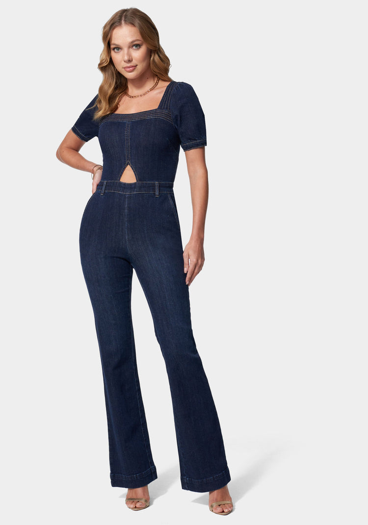 bebe Denim Cut Out Detail Wide Leg Jumpsuit