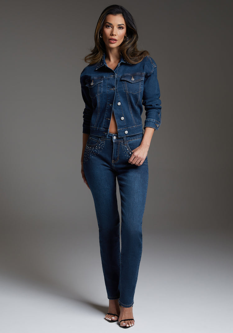 bebe bebe Denim Jacket Embellished With Crystals by Swarovski