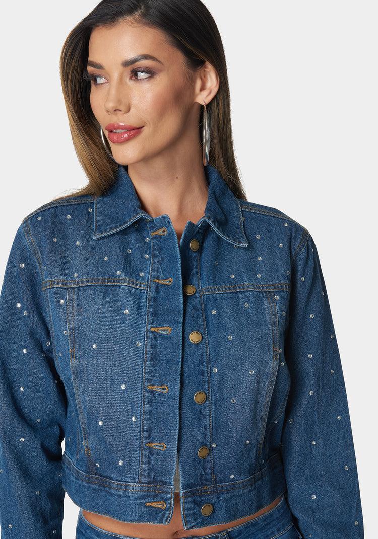 Bebe Denim Jacket With Rhinestones