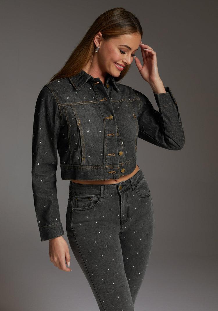 Bebe Denim Jacket With Rhinestones