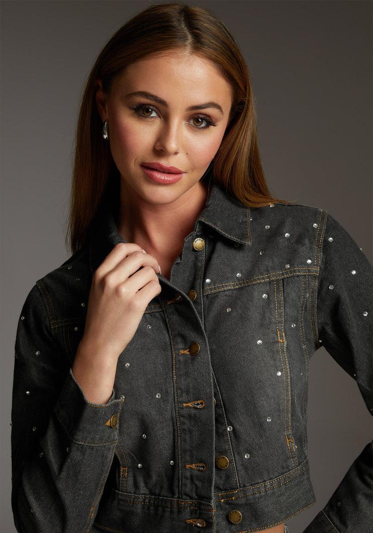 Bebe Denim Jacket With Rhinestones