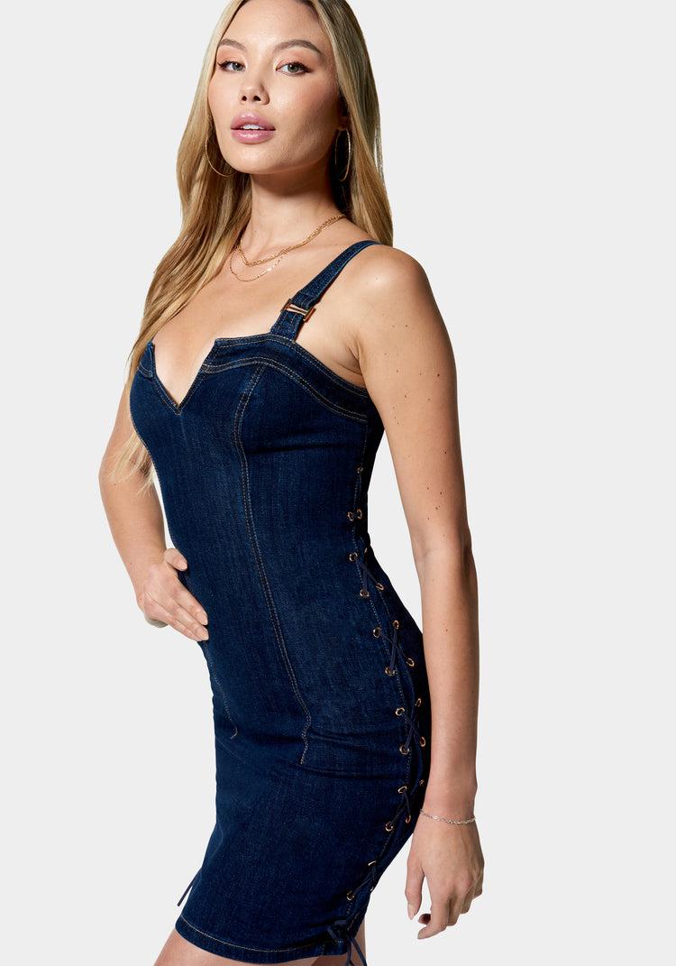 Bebe Denim Side Lace Up Dress