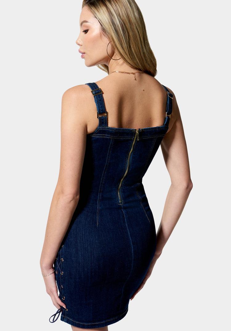 Bebe Denim Side Lace Up Dress