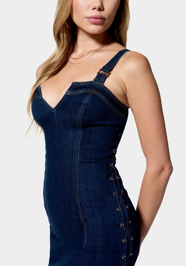 Bebe Denim Side Lace Up Dress