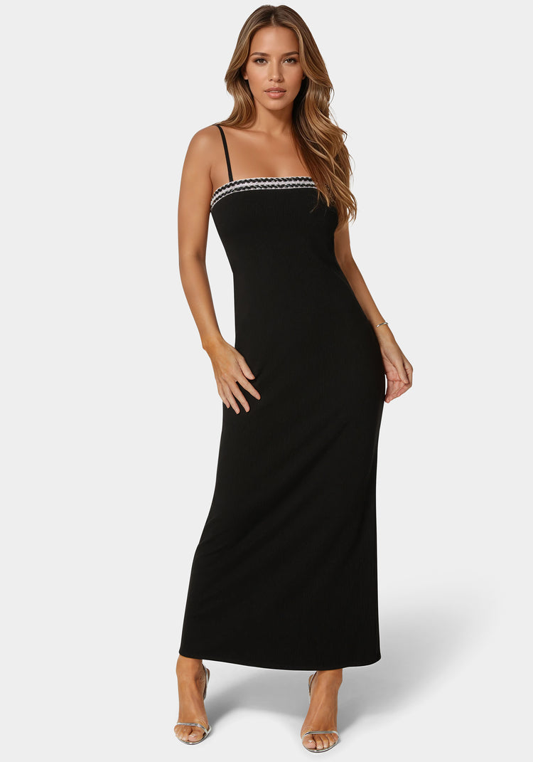 bebe Diamond Trim Rib Maxi Dress