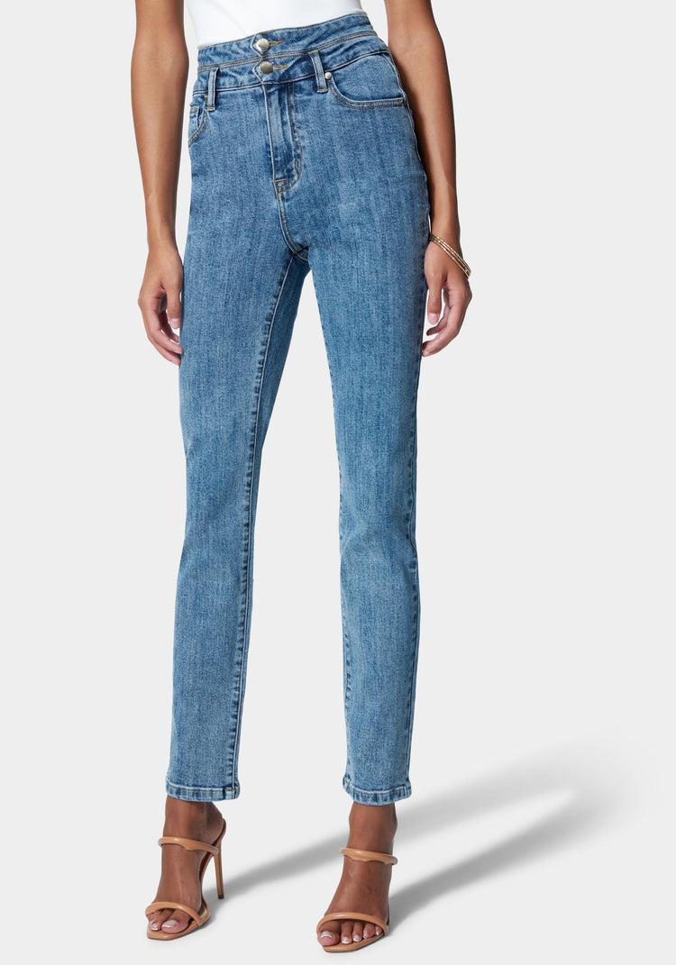 bebe Double Tab Waist Slim Leg Jean