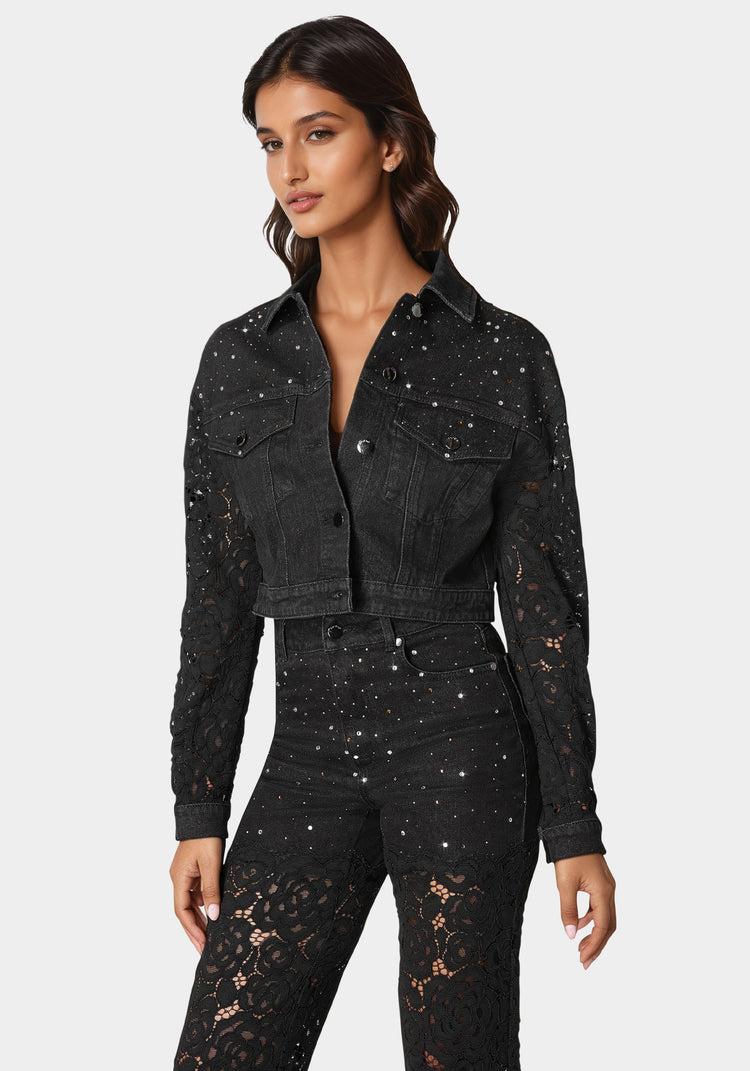 Bebe Drop Shoulder Embellished Lace Denim Jacket