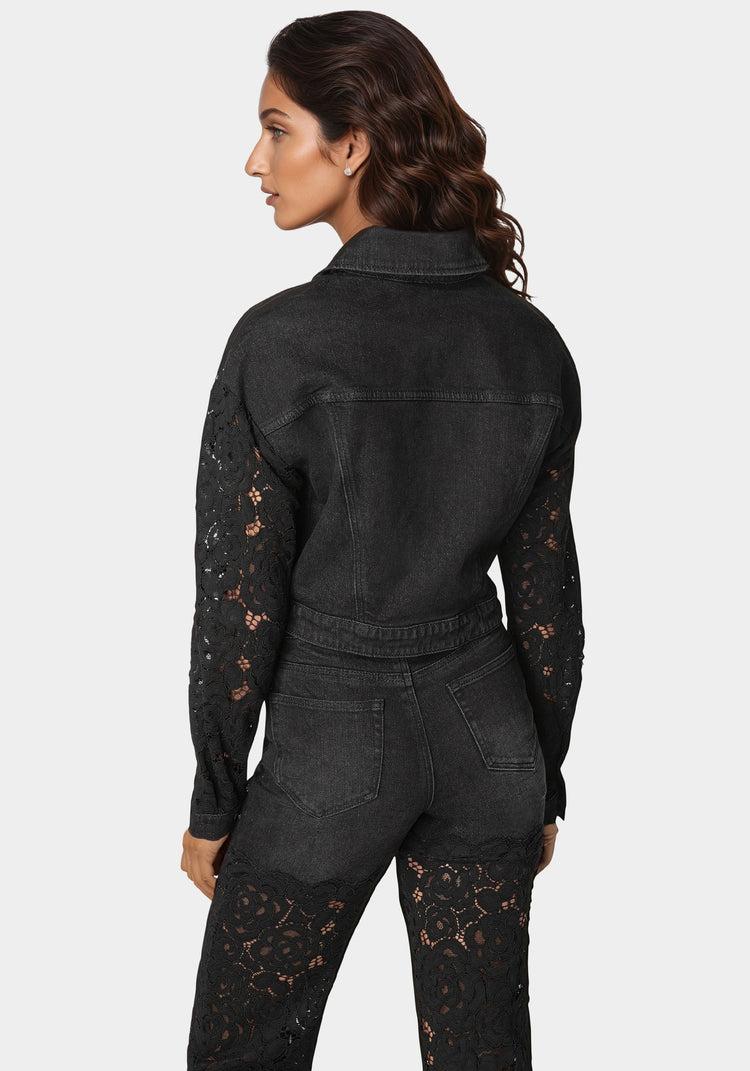 Bebe Drop Shoulder Embellished Lace Denim Jacket