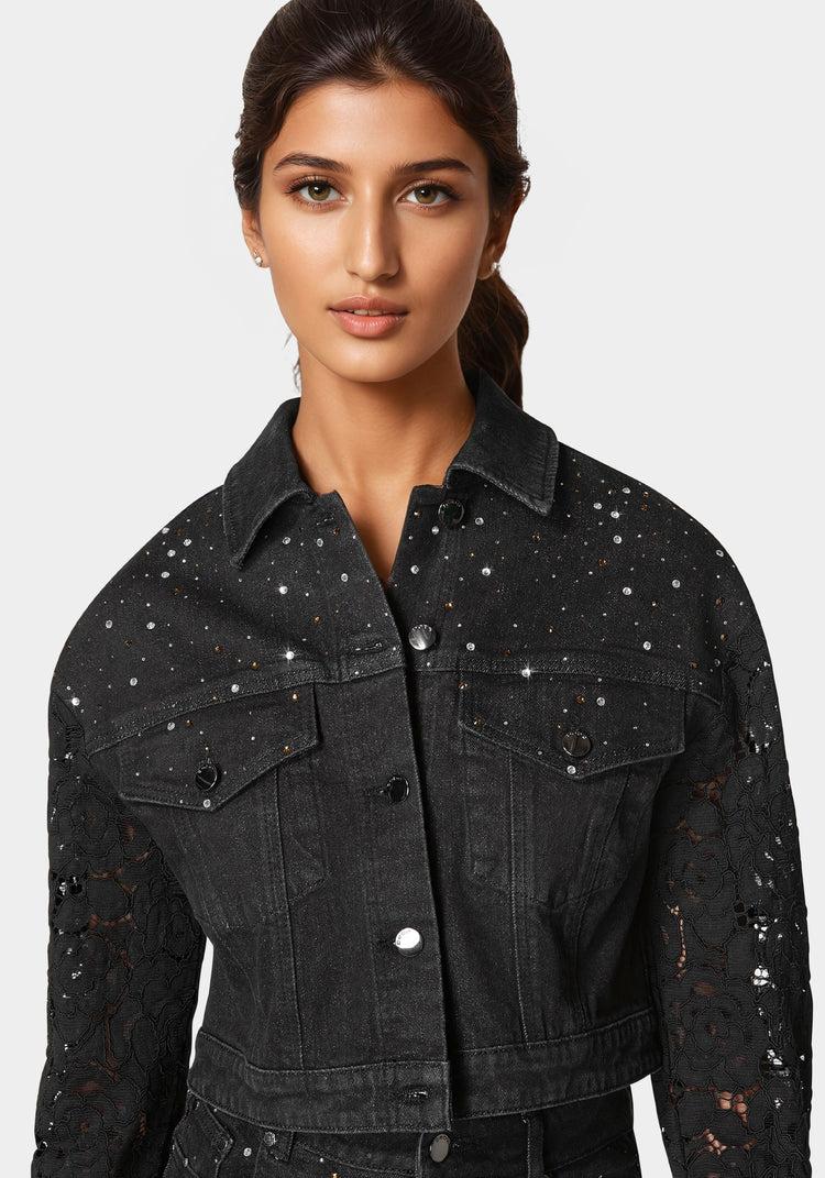 Bebe Drop Shoulder Embellished Lace Denim Jacket