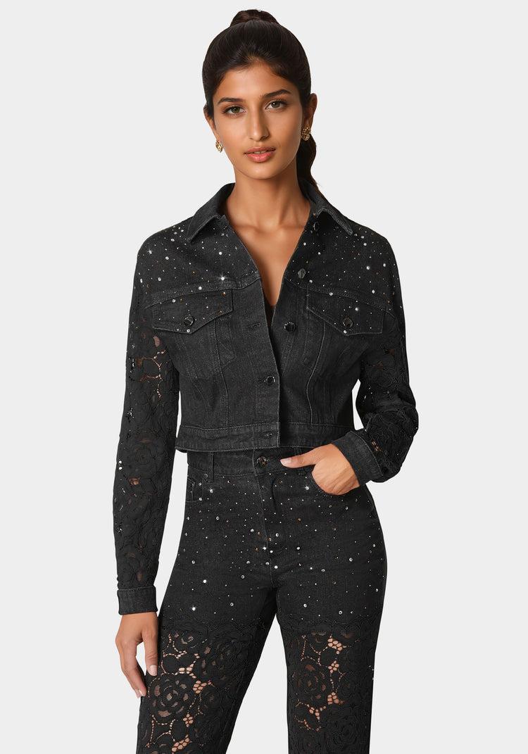 bebe Drop Shoulder Embellished Lace Denim Jacket