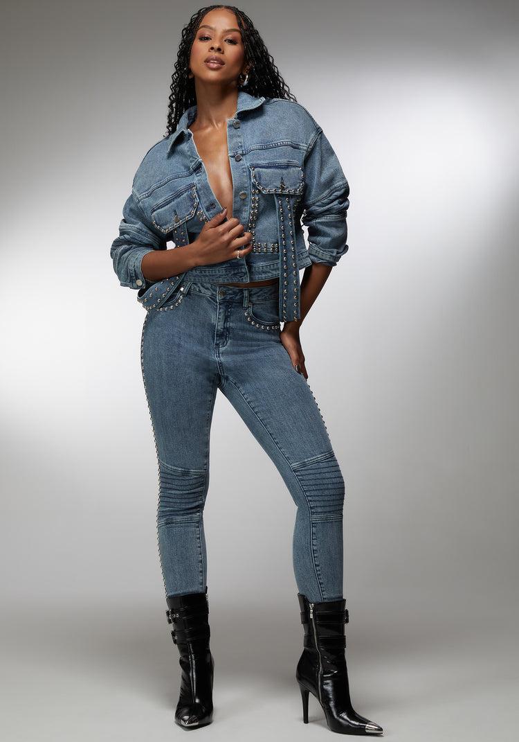 Bebe Drop Shoulder Studded Denim Jacket