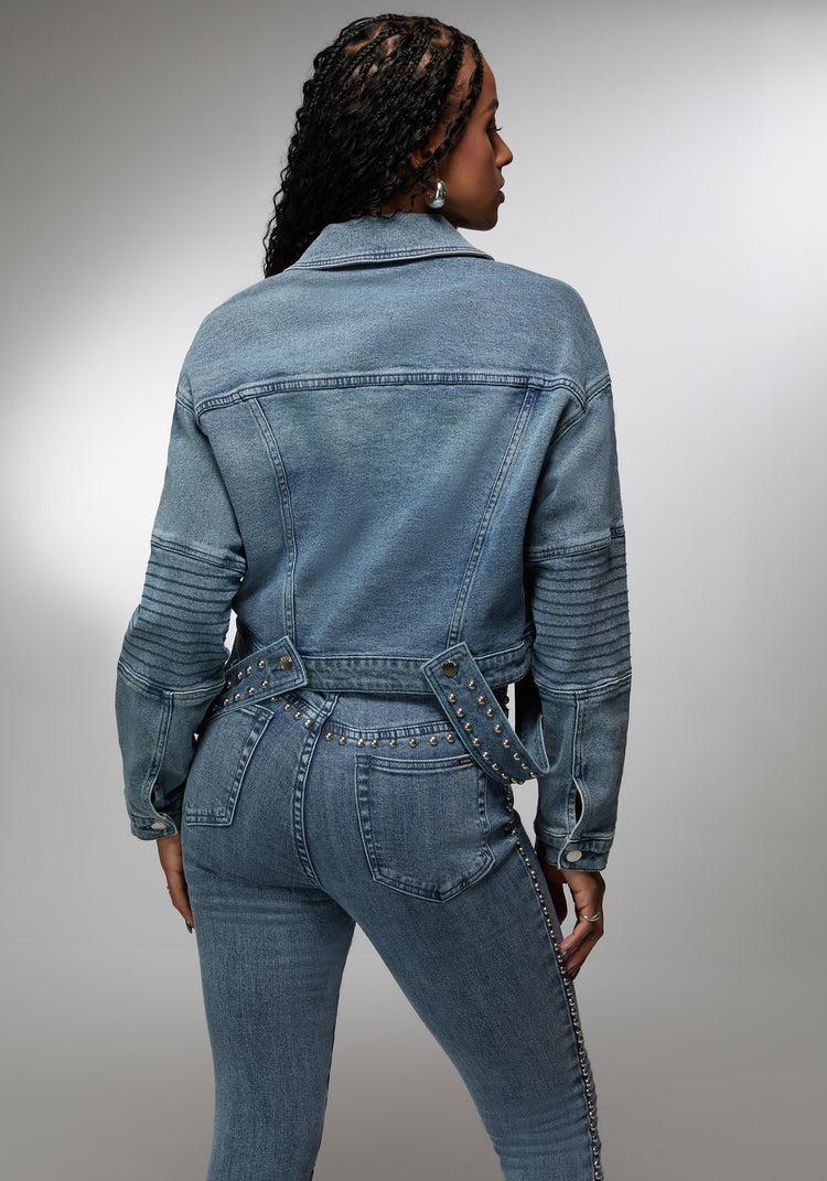 Bebe Drop Shoulder Studded Denim Jacket