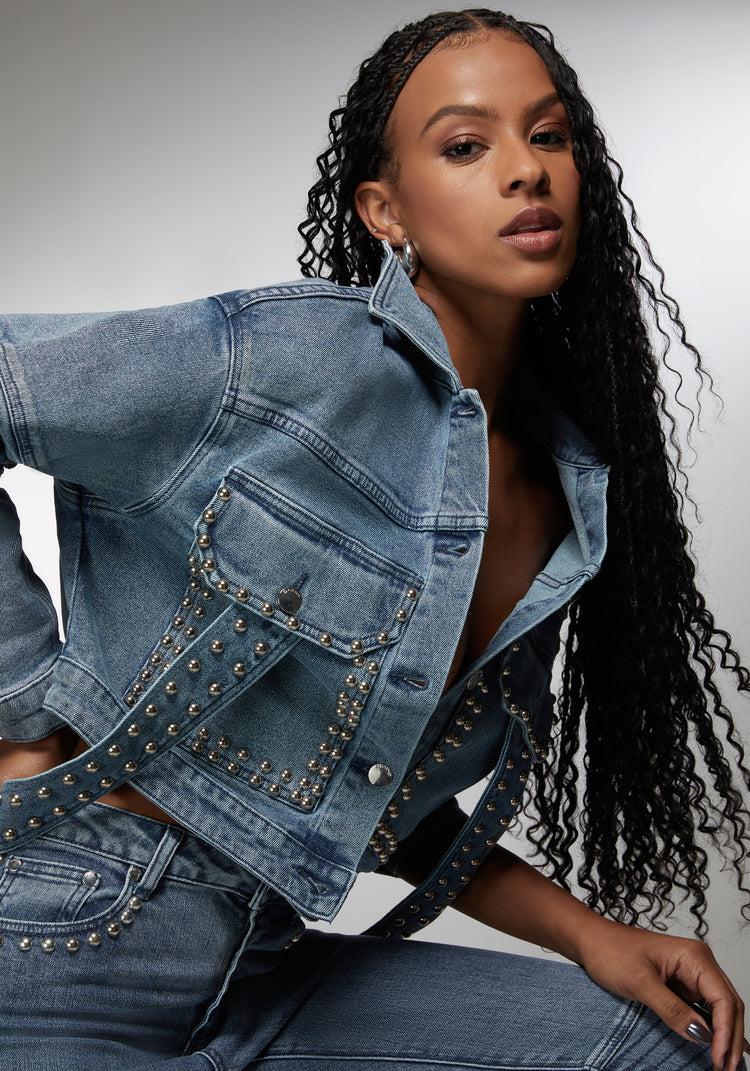 Bebe Drop Shoulder Studded Denim Jacket